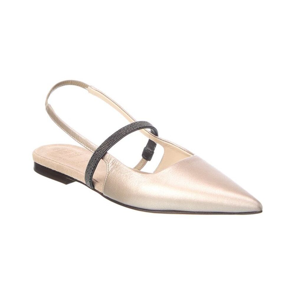 Brunello Cucinelli Leather Slingback Flat, Gold